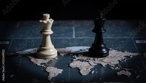 Black and white chess pieces center on a detailed world map symbolizing politics, negotiation, and global strategy