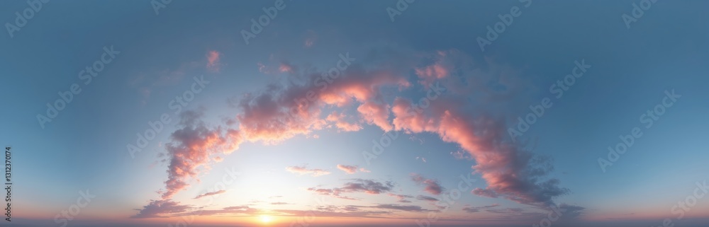Blue sunset skyscape panorama with pink cirrus clouds. Seamless hdr 360 equirectangular projection. Full zenith view for 3D visualization, sky replacement for aerial drone panoramas. Evening sky, Blue sunset skyscape panorama with pink cirrus clouds. Seamless hdr 360 equirectangular projection. Full zenith view for 3D visualization, sky replacement for aerial drone panoramas. Evening sky,