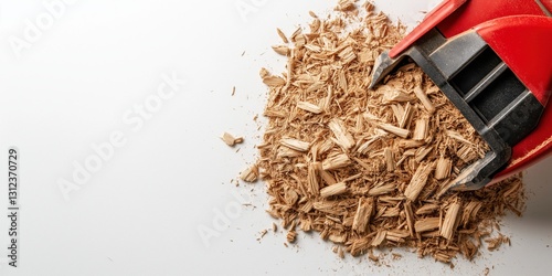 A pile of wood chips is on a white surface. The pile is large and scattered, with some chips being piled on top of each other. Concept of messiness and disorganization