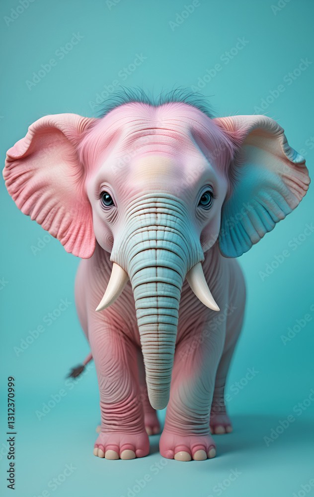 soft pink-blue cute kid-elephant against green-turquoise background. Digital artwork. Ai generated