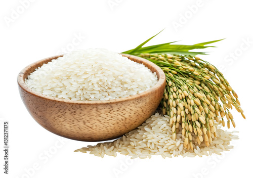 Raw white rice grains in wooden bowl next to fresh rice plant with golden grains and green stem on transparent background