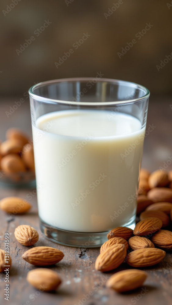 Glass of A2A2 milk on wooden table with almonds. Glass of A2A2 milk on wooden table with almonds.