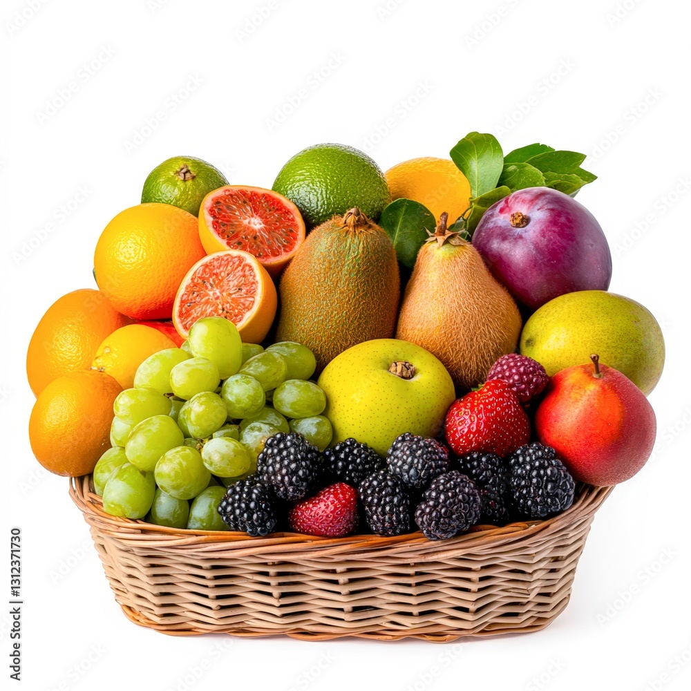 A vibrant assortment of fresh fruits arranged in a wicker basket, showcasing oranges, grapes, pears, and berries, Ideal for health-related content, recipes A vibrant assortment of fresh fruits arranged in a wicker basket, showcasing oranges, grapes, pears, and berries, Ideal for health-related content, recipes
