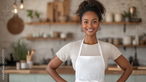 Portrait young woman wearing apron standing and smile in the kitchen. ai generated