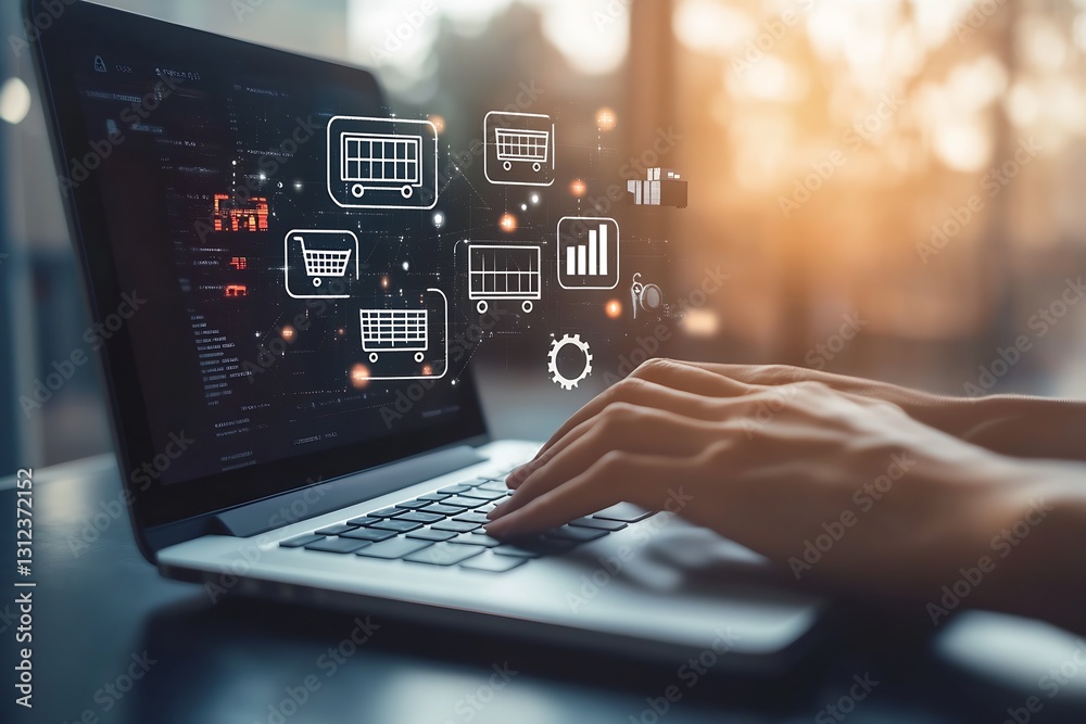 Hands of a person using a laptop to manage online shopping with digital interface icons for ecommerce : Generative AI Hands of a person using a laptop to manage online shopping with digital interface icons for ecommerce : Generative AI