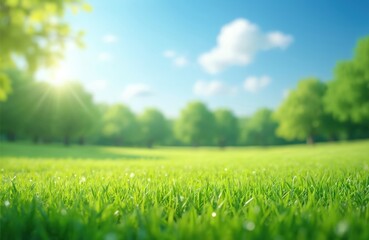 Green grass lawn with blurred background under bright blue sky. Sunny summer landscape with soft light and trees in park. Natural blurred background under blue skies with clouds. Eco backdrop.