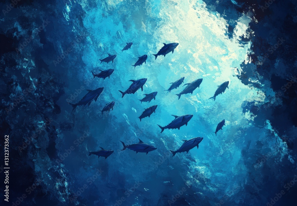 Fototapeta premium Underwater School of Fish Swimming Gracefully Through Blue Waters with Sunlight Filtering Down in an Artistic Ocean Scene