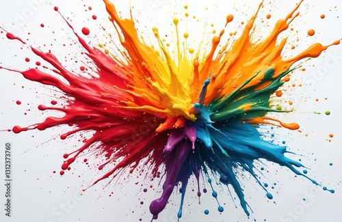 Colorful paint explosion on white background. Vibrant red, orange, yellow, green, blue, purple liquid splashes mix. Abstract splash art, creativity design concept, vivid color burst for backgrounds,