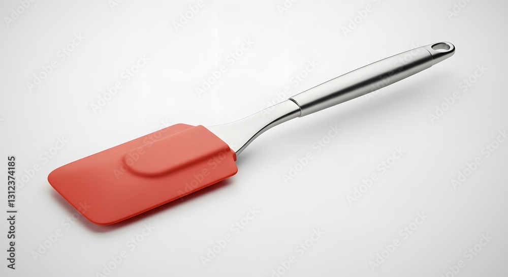 Fototapeta premium Close-up of Red Silicone Spatula with Stainless Steel Handle on White