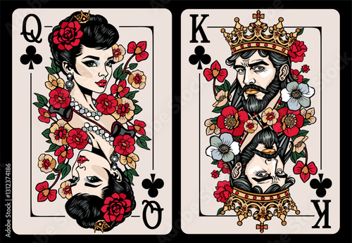 Queen of Clubs and King of Clubs. Playing cards vector