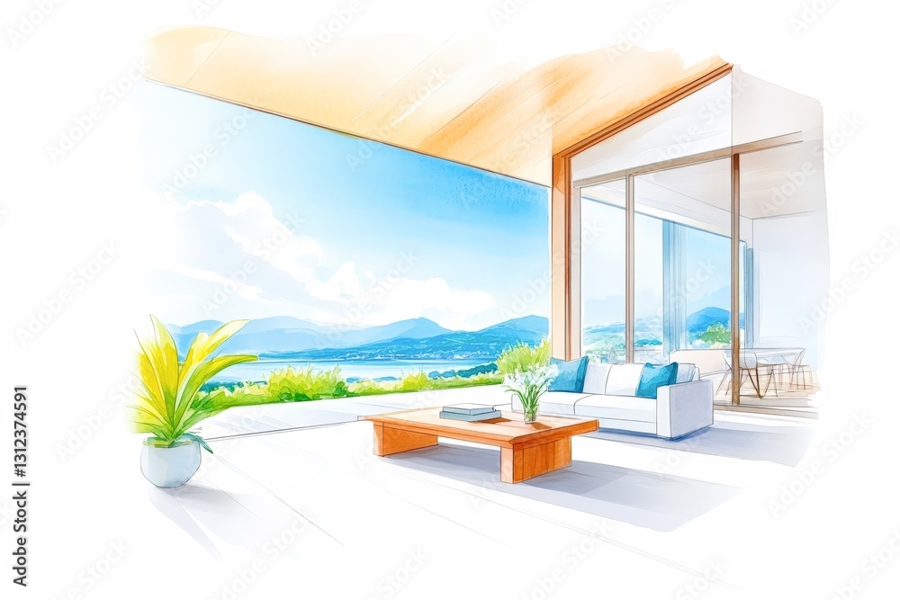 Fototapeta premium A bright and airy living space showcases modern furniture and panoramic mountain views, Ideal for interior design projects, real estate marketing