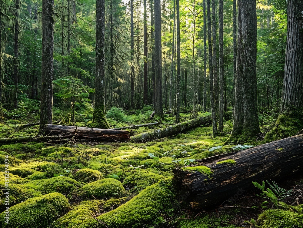Fototapeta premium Lush Green Forest Landscape with Tall Trees and Sunlight Filtering Through the Canopy : Generative AI