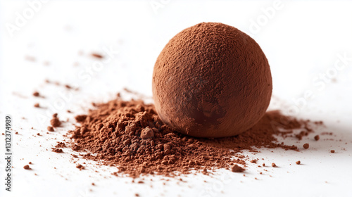 Decadent chocolate truffle dusted with cocoa powder, presenting rich texture against pristine white surface