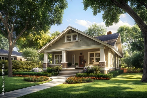 Stylish Home Featuring a Welcoming Porch Surrounded by Lush Gardens and Well-Manicured Lawn : Generative AI photo