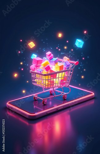 Shopping cart full of colorful cubes stands on smartphone, surrounded by glowing sparkles, symbols of e-commerce tech. Neon light outlines phone. Online digital purchases, sale via modern wireless