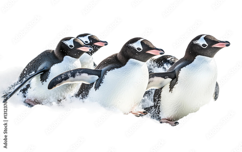 Fototapeta premium Adorable Penguins Having Fun Gliding on the Frozen Landscape Together Isolated on transparent background PNG