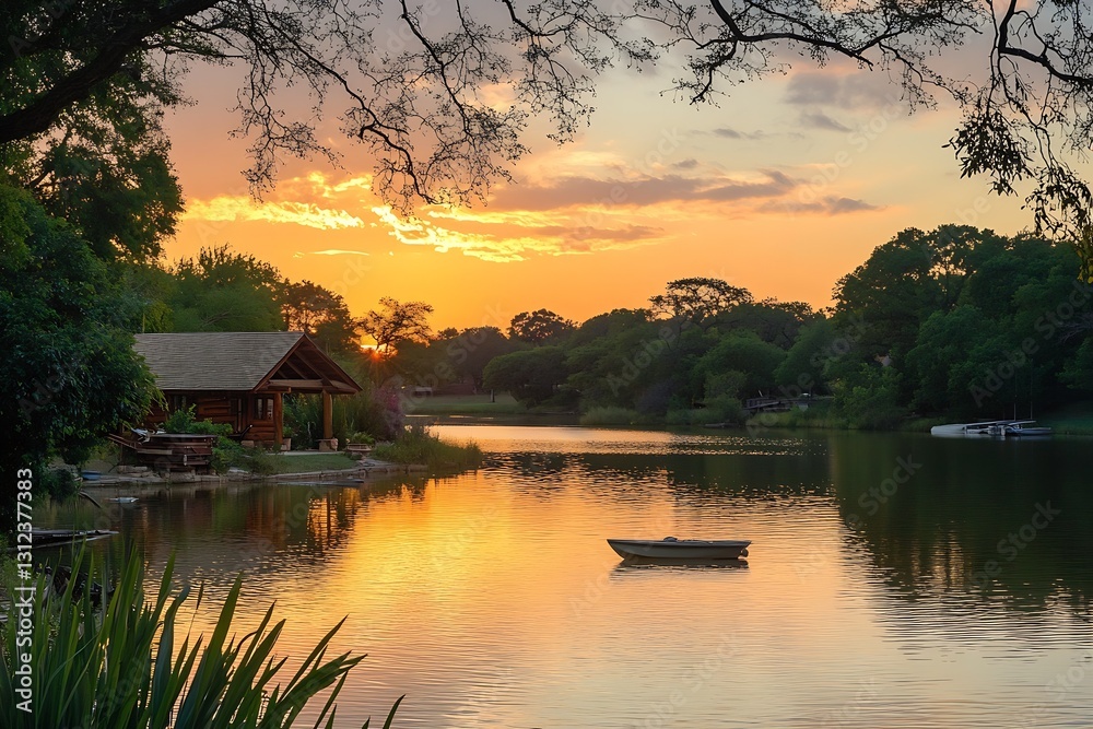 Fototapeta premium Charming river sunset highlighting a rustic lodge and small boat surrounded by vibrant greenery in peaceful settings : Generative AI
