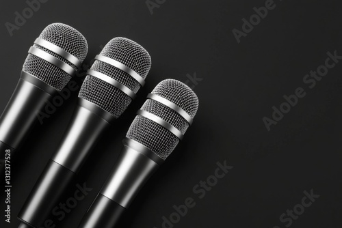 Three professional microphones arranged on a black background