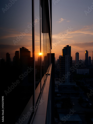 The serene sunset reflects beautifully off the glass windows of a modern building, merging natural and man-made elements in a captivating urban landscape.