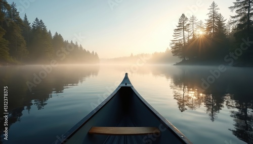Fototapeta Naklejka Na Ścianę i Meble -  Bow of canoe on misty lake in morning. Fog over water in forest at dawn, Canada Ontario. Nobody on boat, adventure and journey, calm and tranquility. Travel photo. Ecotourism.