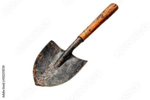 A metal shovel with a wooden handle isolated on transparent background