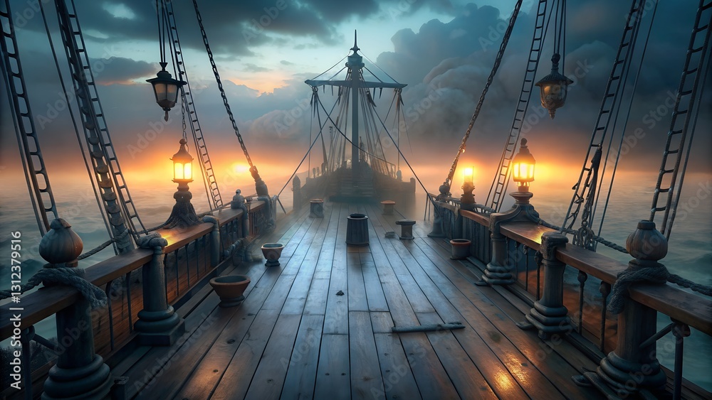 Fototapeta premium Misty pirate ship deck at sunset with glowing lanterns and dramatic clouds in the background 