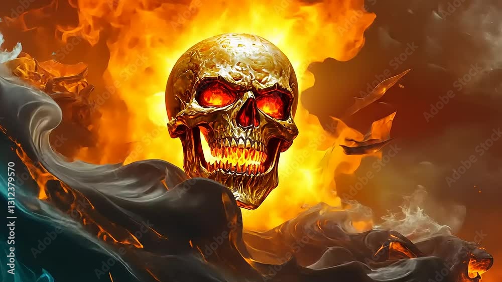 A fiery skull emerging from turbulent waters, symbolizing chaos and destruction.
