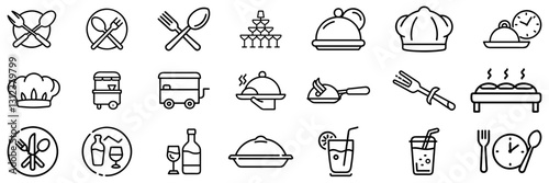 Catering line icon set. including fork, spoon, knife, plate, food tray, chef hat, beverage, food, dining table . Cutlery or tableware in restaurant outline icon