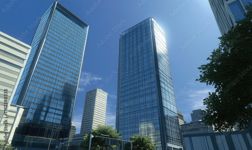 Modern Skyscrapers Soar Against a Clear Blue Sky Modern Skyscrapers Soar Against a Clear Blue Sky