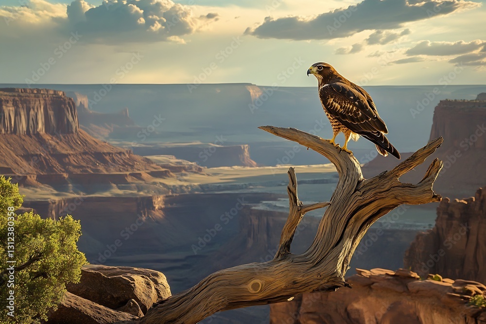 Fototapeta premium Stunning hawk perched on a tree branch with a breathtaking canyon landscape behind : Generative AI