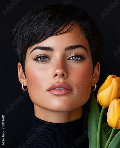 A woman with short black hair holding a yellow tulip