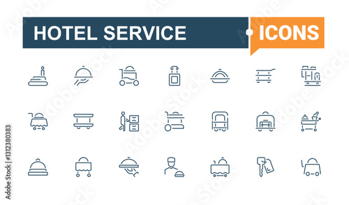 Hotel Service icon set. Related to service, room service, breakfast, suitcase, hotel, bed and more. Icon design. Minimalist editable vector stroke.