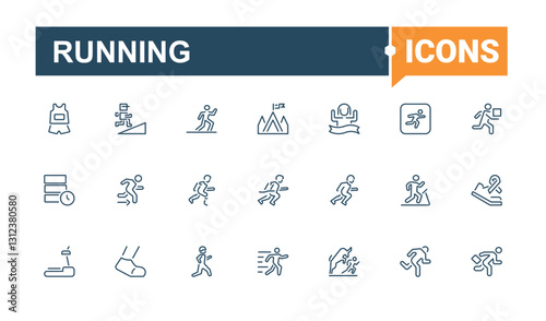 Running line icons set. Includes thin line health, person, male, motion, body, action, woman, speed. Set of line pictogram. Editable stroke. Vector illustration.