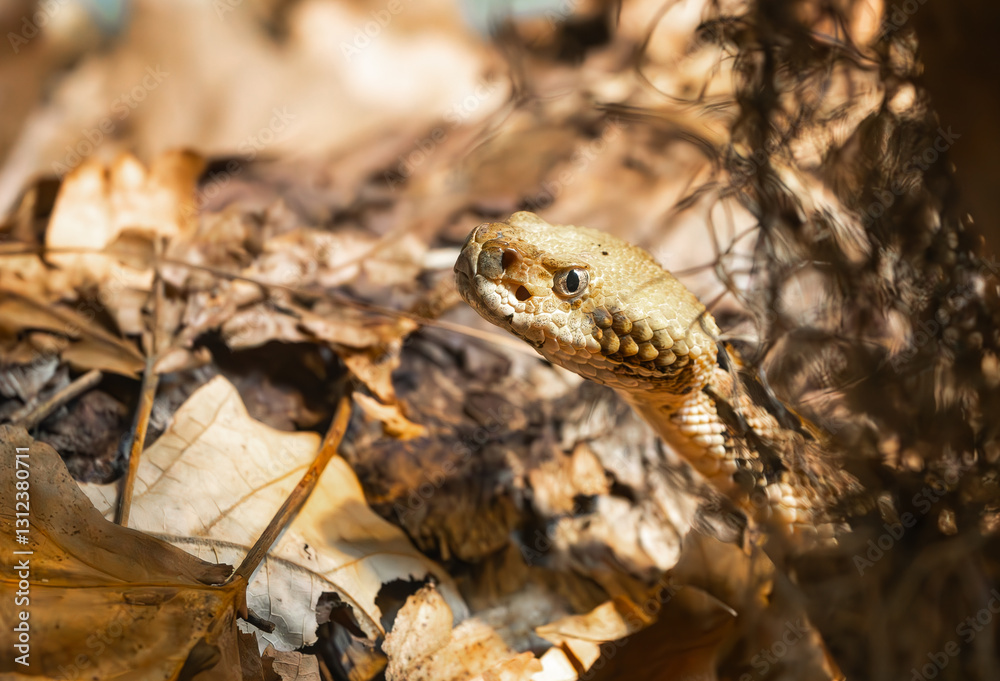 Obraz premium Timber Rattlesnakes at a zoo herpetarium found in the Eastern United States. Highly venomous and considered threatened and lives in woodlands next to streams and rocky outcrops.
