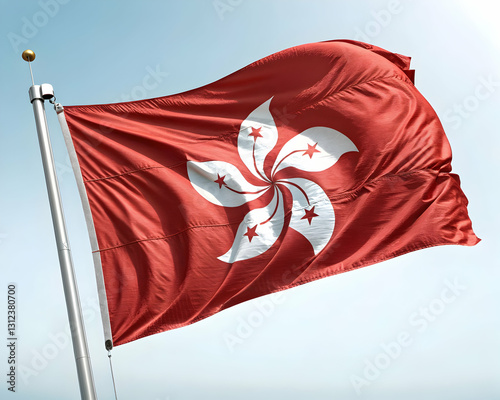 Waving flag of Hong Kong against a clear blue sky on a bright sunny day photo