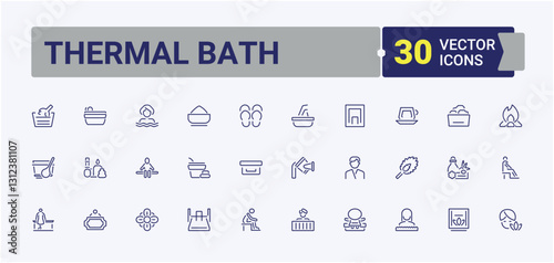 Set of Sauna line icons. Containing beauty care, thermal bath, accessories, beauty, axe, body and more. Outline icon. Minimalist editable vector stroke.