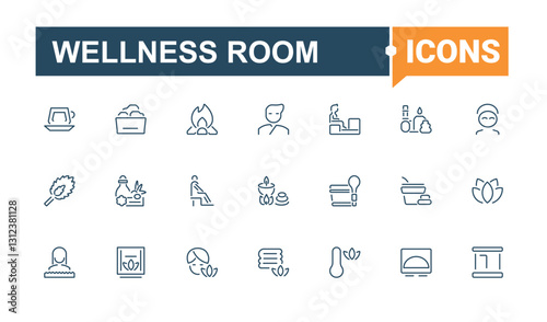 Wellness Room icon set. Contain linear outline icons relax, sauna, accessories, relaxation, axe, thermometer, health, hygrometer. Thin outline icons pack. Minimalistic icon.