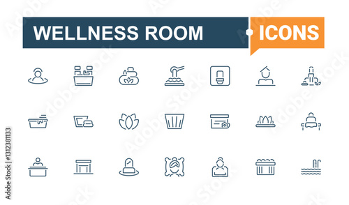 Wellness Room icon set. Contain linear outline icons relax, sauna, accessories, relaxation, axe, thermometer, health, hygrometer. Thin outline icons pack. Minimalistic icon.