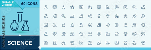 Science icons set in linear style. Contains related to scientist, scientific, structure, lab, bio, glass, study, process. Collection for mobile and web apps. Minimalistic icon.
