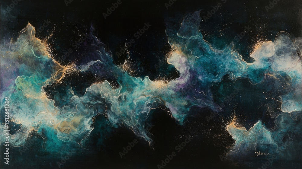 Fototapeta premium A vibrant abstract artwork showcases swirling shades of blue and green mingling with gold accents. The piece evokes cosmic imagery and captures the imagination with its fluid designs