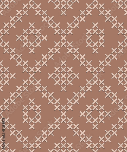 Vintage cross-stitch diamonds mocha mousse brown Pattern. Ethnic sewn Aztec geometrics in neutral monochrome brown seamless background.