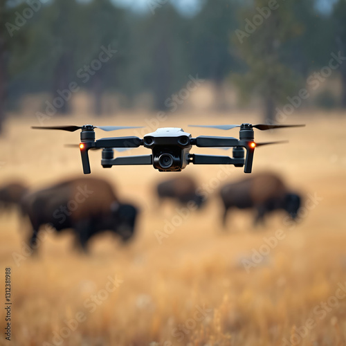 Drone monitors wildlife populations in national park. Autonomous tech collects data about bison herd animal behavior. Modern device used for eco projects, environment protection, nature research.