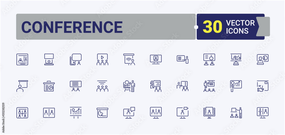 Set of Conference line icons. Contains related to man, seminar, management, work, office, organization, training, video. Line symbol. Modern linear icons. Set of Conference line icons. Contains related to man, seminar, management, work, office, organization, training, video. Line symbol. Modern linear icons.