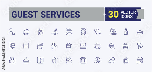 Guest Services linear icon collection. Included icons as room service, shower, pool, restaurant, vacation and more. Simple icon designs. Editable stroke icon collections.