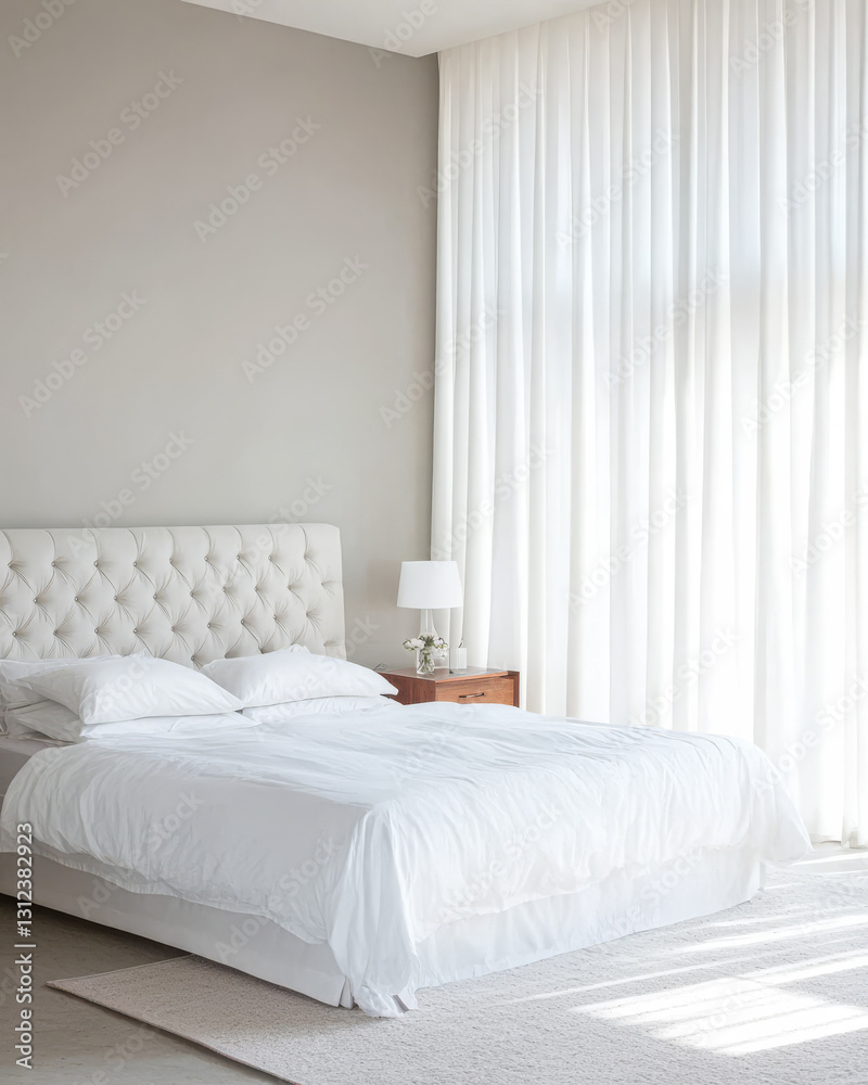 Fototapeta premium Cozy and bright bedroom with neutral tones and soft lighting in a modern design