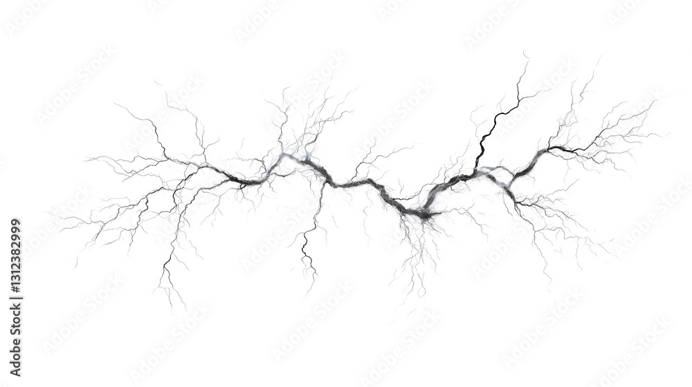 Fototapeta premium Abstract branching lightning crack effect on a white background, delicate electric veins with subtle smoky texture, perfect for sci-fi, digital art, and futuristic designs.