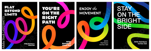 Abstract Backgrounds with Color Lines. Vector 3D Gradient Shapes on a Black Background. A Squiggle Rainbow Graphic for Posters and Layout