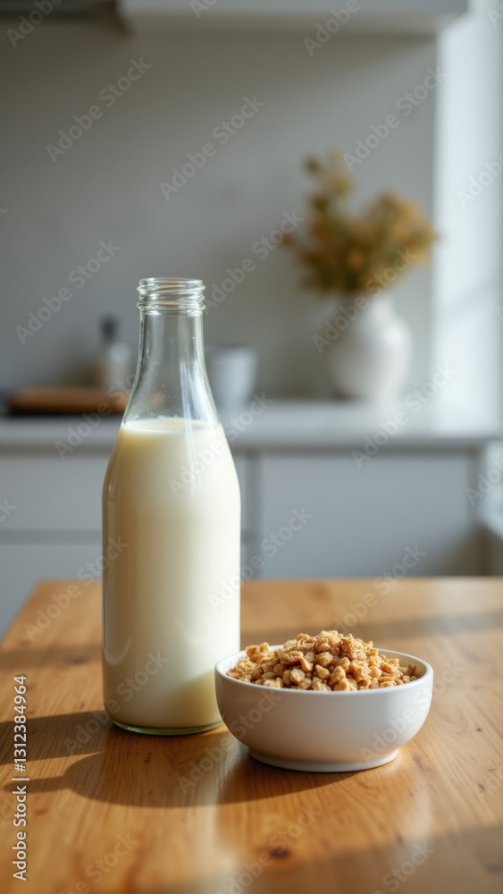Glass bottle of milk on wooden table next to bowl of cereal. Glass bottle of milk on wooden table next to bowl of cereal.