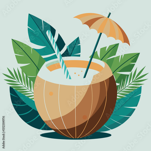 Coconut tropical drink illustration with straw and umbrella