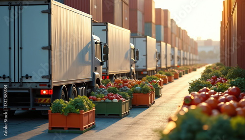 Refrigerated trucks lined up loading dock, ready fill containers fresh produce. Distribution trucks transport perishable vegetables, fruits. Climate controlled cargo trailers ensure food safety along